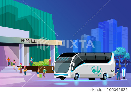 Electric tour bus charging point. Service for tourists staying at the hotel. green energy concept, vector illustration 106042822