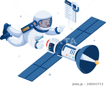 Isometric Astronaut in Space Suit Repair Broken Satellite 106043713