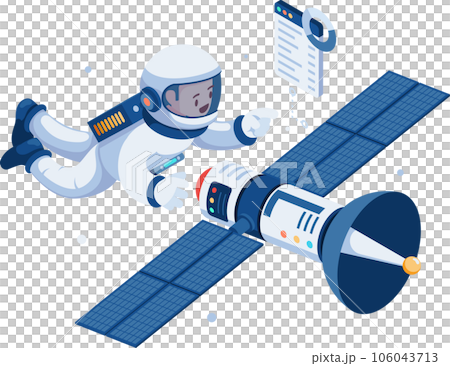 Isometric Astronaut in Space Suit Repair Broken Satellite 106043713