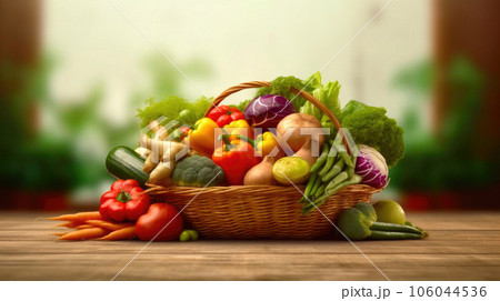 Wicker Basket Overflowing with Vegetables 106044536