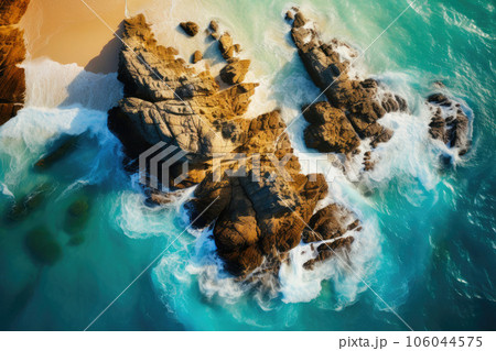 Coastal Serenity: Waves Caressing Beach Rock Formation 106044575