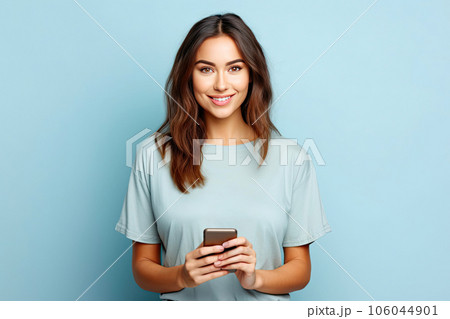 Radiant Smile: Young Woman in Light Blue Tee Radiant Smile: Young Woman in Light Blue Tee 106044901