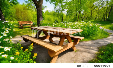 Wooden Picnic Table in a Serene Park Wooden Picnic Table in a Serene Park 106044954