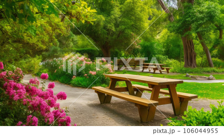 Picnic Table in a Flower-Filled Park 106044955