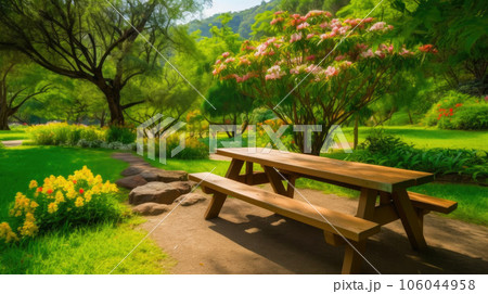 Picnic Table among Vibrant Flowers and Greenery Picnic Table among Vibrant Flowers and Greenery 106044958