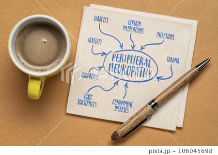 causes of peripheral neuropathy infographics or mind map sketch on a napkin with coffee, medicine and heath concept 106045698