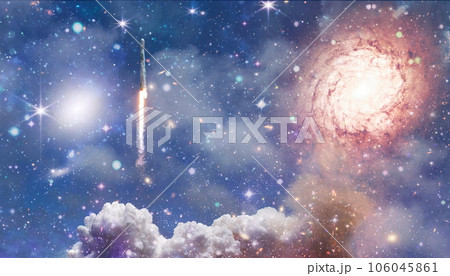 rockets launch into space on the starry sky. spacecraft flies into space with clouds of smoke. Elements of this image furnished by NASA 106045861