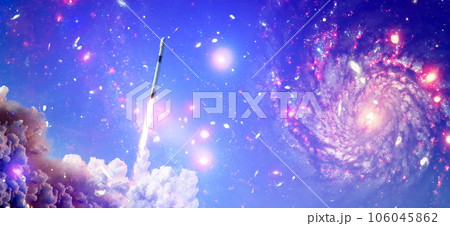 rockets launch into space on the starry sky. spacecraft flies into space with clouds of smoke. Elements of this image furnished by NASA rockets launch into space on the starry sky. spacecraft flies into space with clouds of smoke. Elements of this image furnished by NASA 106045862