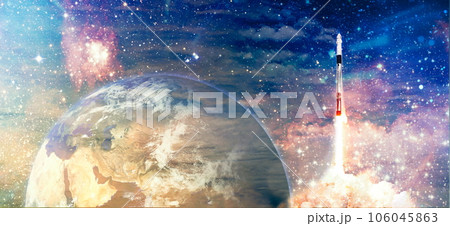 rockets launch into space on the starry sky. spacecraft flies into space with clouds of smoke. Elements of this image furnished by NASA 106045863