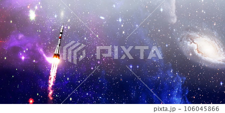 Shuttle launch in the clouds to outer space. Dark space with stars on background.Spaceship flight. Elements of this image furnished by NASA 106045866