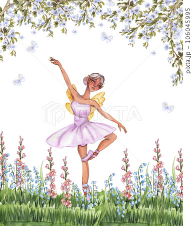 Composition with cartoon fairy with magic wings, flowers and butterflies. Watercolor hand drawn illustration . Perfect for greeting card, poster, wedding invitation, party decor. 106045995