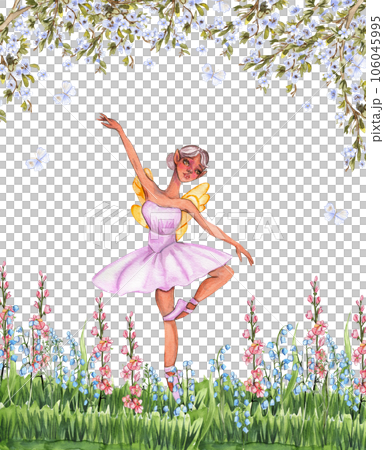Composition with cartoon fairy with magic wings, flowers and butterflies. Watercolor hand drawn illustration . Perfect for greeting card, poster, wedding invitation, party decor. 106045995
