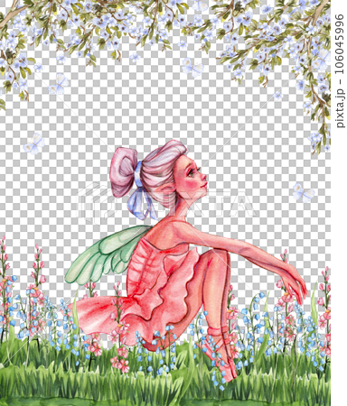 Composition with cartoon fairy with magic wings, flowers and butterflies. Watercolor hand drawn illustration . Perfect for greeting card, poster, wedding invitation, party decor. Composition with cartoon fairy with magic wings, flowers and butterflies. Watercolor hand drawn illustration . Perfect for greeting card, poster, wedding invitation, party decor. 106045996