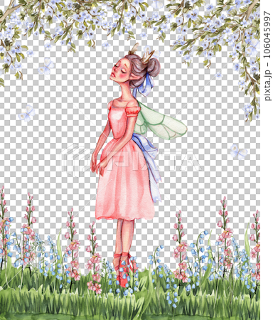 Composition with cartoon fairy with magic wings, flowers and butterflies. Watercolor hand drawn illustration . Perfect for greeting card, poster, wedding invitation, party decor. 106045997