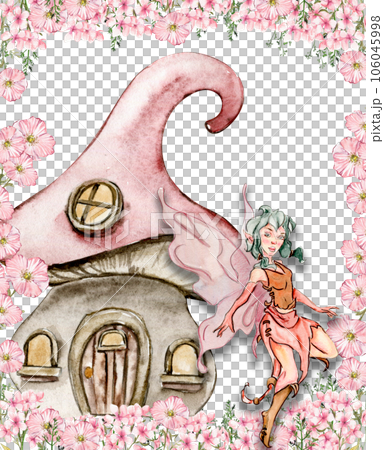 Composition with cartoon fairy with magic wings, flowers and butterflies. Watercolor hand drawn illustration . Perfect for greeting card, poster, wedding invitation, party decor. 106045998