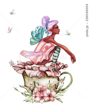 Composition with cartoon fairy with magic wings, flowers and butterflies. Watercolor hand drawn illustration . Perfect for greeting card, poster, wedding invitation, party decor. 106046004