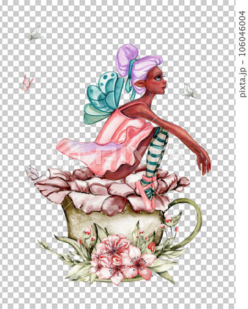 Composition with cartoon fairy with magic wings, flowers and butterflies. Watercolor hand drawn illustration . Perfect for greeting card, poster, wedding invitation, party decor. 106046004