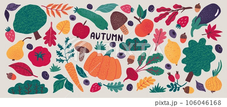 Autumn food. Organic fruit pattern, nature leaves, organic harvest, pumpkin leaf and plants, fig tree. Doodle drawing, pumpkin, mushroom and eggplant. Meal ingredients vector abstract patterns Autumn food. Organic fruit pattern, nature leaves, organic harvest, pumpkin leaf and plants, fig tree. Doodle drawing, pumpkin, mushroom and eggplant. Meal ingredients vector abstract patterns 106046168