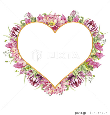 A frame with flowers of water lilies and wild forest grasses. Watercolor illustration on a white background A frame with flowers of water lilies and wild forest grasses. Watercolor illustration on a white background 106046597