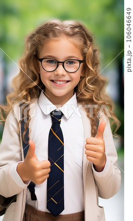 cheerful teen girl in school uniform carry backpack, school fashion 106046649