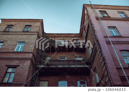 Old city architecture backyard with large balcony, Kharkiv. Cityscape photo in Ukraine. 106046833