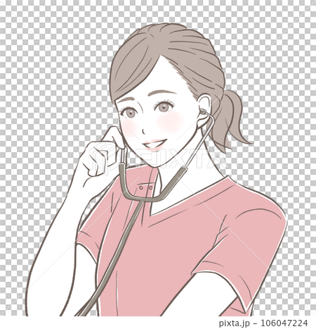 一位年輕漂亮的穿著磨砂膏的護士，用聽診器檢查 106047224