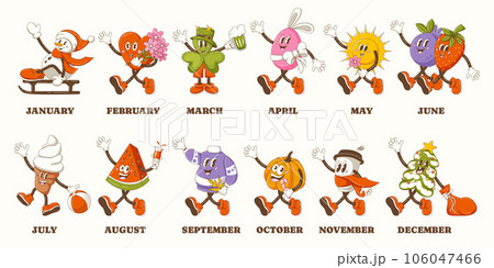 Retro groovy characters, symbol months of year. Snowman, heart, trefoil, easter egg, sun, berries, cup of coffee, ice cream, watermelon, sweater, pumpkin, christmas tree. Cartoon vector stickers set 106047466