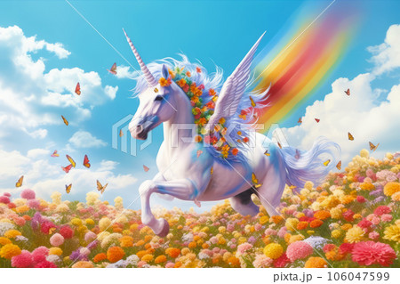 Image of unicorn with rainbow mane running through field of flowers. Generative AI 106047599