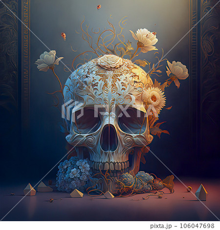 Elegance in Decay: Gothic Baroque Skull Adorned with Intricate Floral Details Elegance in Decay: Gothic Baroque Skull Adorned with Intricate Floral Details 106047698