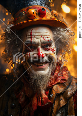 Man with clown makeup and hat on his head. Generative AI 106047930