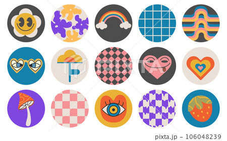 Groovy hippie 70s set. Sticker pack retro style Groovy hippie 70s set. Sticker pack retro style 106048239