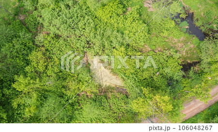 Small pond next to forest river crosing riparian tree stand Small pond next to forest river crosing riparian tree stand 106048267