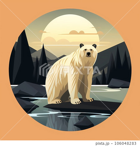 Polar bear sitting on rock in front of sunset. Generative AI Polar bear sitting on rock in front of sunset. Generative AI 106048283