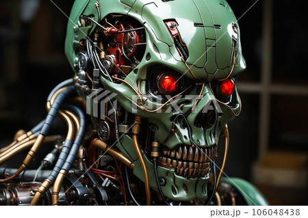 Green robot with red eyes and skull like head...のイラスト素材 [106048438] - PIXTA