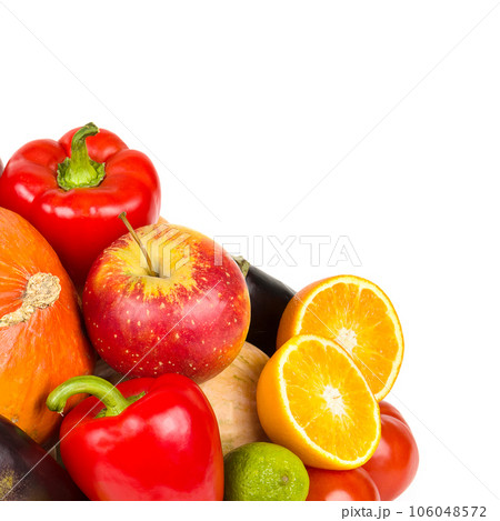 Warious vegetables and fruits isolated on white . Free space for text. Warious vegetables and fruits isolated on white . Free space for text. 106048572