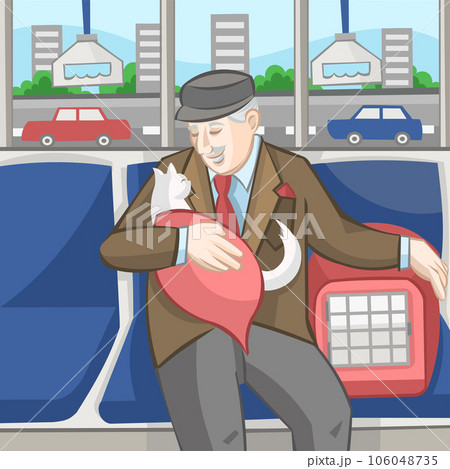 Old man with white cat in red blanket and pet carrier sitting in public transport bus with road, city and cars on a background 106048735