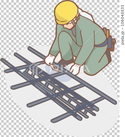 鉄筋ハッカーで結束線を結ぶ建設作業員 のイラスト素材 [106048835