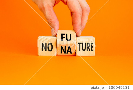 No future or nature symbol. Concept words No future no nature on wooden block. Beautiful orange table orange background. Businessman hand. Business ecological no future or nature concept. Copy space. No future or nature symbol. Concept words No future no nature on wooden block. Beautiful orange table orange background. Businessman hand. Business ecological no future or nature concept. Copy space. 106049151