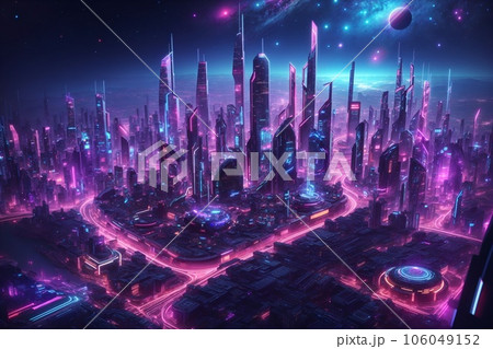 neon lights and signs in a futuristic cyberpunk city. futuristic structures in a cyberpunk city neon lights and signs in a futuristic cyberpunk city. futuristic structures in a cyberpunk city 106049152