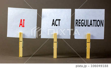 AI act regulation symbol. Concept words AI artificial intelligence act regulation on beautiful white paper on clothespin. Beautiful grey background. Business AI act regulation concept Copy space 106049188