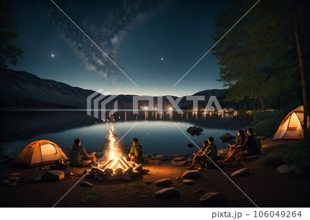 Camping at night in a forest in a lake and mountains Camping at night in a forest in a lake and mountains 106049264