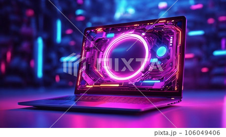 Close up of laptop on desktop with creative glowing metaverse. Colorful Cyberpunk metaverse city background Close up of laptop on desktop with creative glowing metaverse. Colorful Cyberpunk metaverse city background 106049406