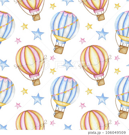 Seamless pattern with balloons in blue and pink colors and stars.Hand drawn watercolor illustration. Seamless pattern with balloons in blue and pink colors and stars.Hand drawn watercolor illustration. 106049509