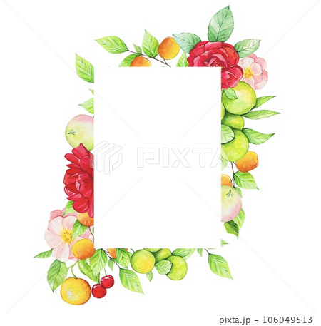 Frame with fruits and roses on a white background, watercolor 106049513