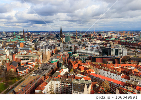 Aerial view of Hamburg city center, Germany. View from bell tower of St. Michael's Church Aerial view of Hamburg city center, Germany. View from bell tower of St. Michael's Church 106049991
