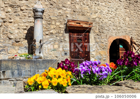 Fountain with drinking water in courtyard of Chillon castle. Flowerbed of colorful pansies (viola tricolor) on a foreground Fountain with drinking water in courtyard of Chillon castle. Flowerbed of colorful pansies (viola tricolor) on a foreground 106050006