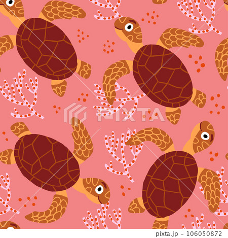 Children pattern with cute turtle characters, corals on pink background. Underwater world children pattern. Cute turtle character. Vector illustration 106050872