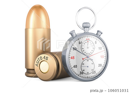 Pistol bullets with stopwatch, 3D rendering 106051031