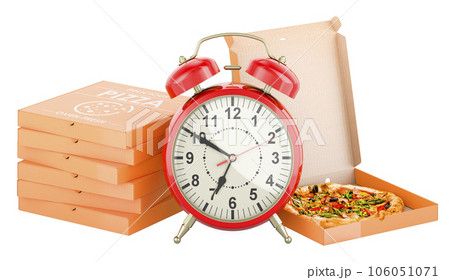 Pizza boxes with alarm clock, 3D rendering Pizza boxes with alarm clock, 3D rendering 106051071