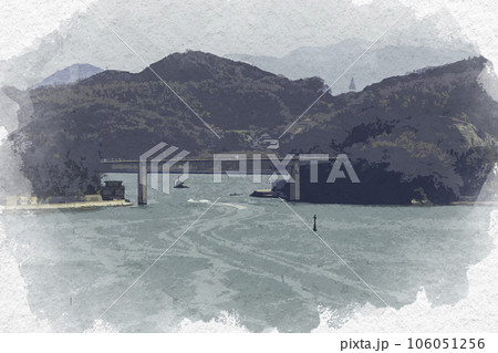 水彩画風 古城山公園 神島大橋 岡山県笠岡市 水彩画風 古城山公園 神島大橋 岡山県笠岡市 106051256